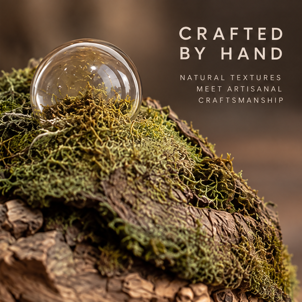 VELMIRN® wood grain tortoise sculpture — crafted by hand, natural textures meet artisanal craftsmanship, moss shell glass orb close-up