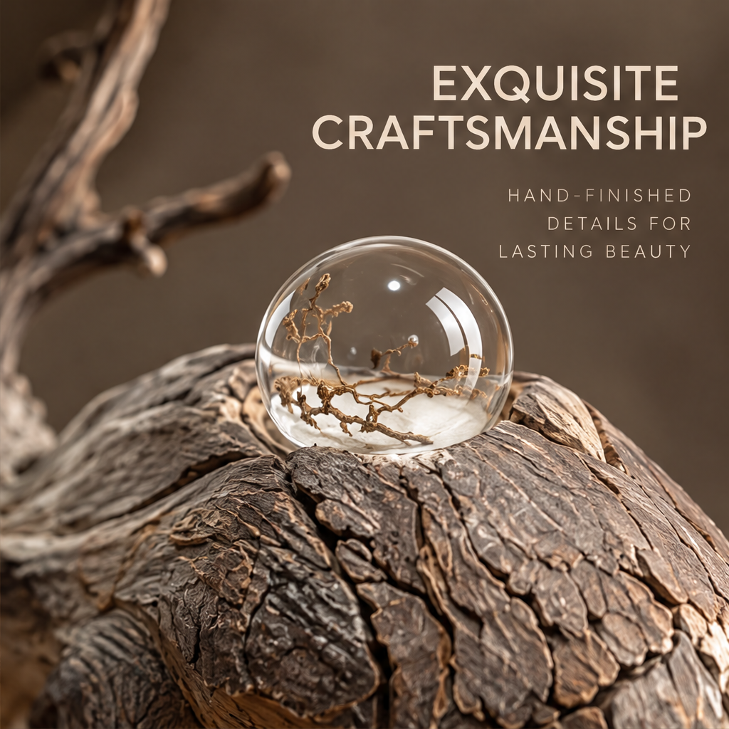 VELMIRN® driftwood elk sculpture — exquisite craftsmanship, hand-finished details for lasting beauty, glass orb with bare branch botanical interior close-up