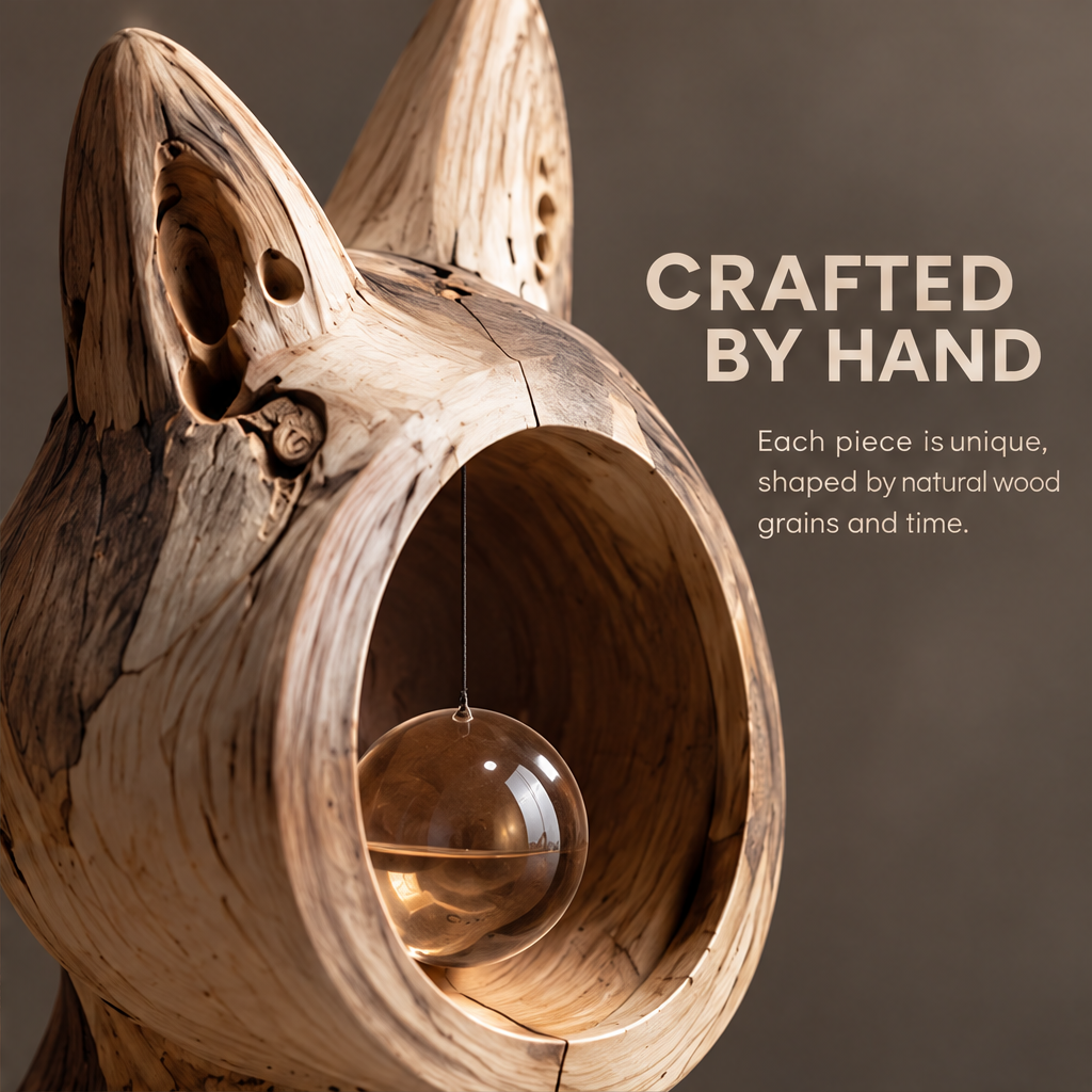 VELMIRN® wood grain cat sculpture — crafted by hand, unique shaped by natural wood grains and time, hollow chest glass orb close-up