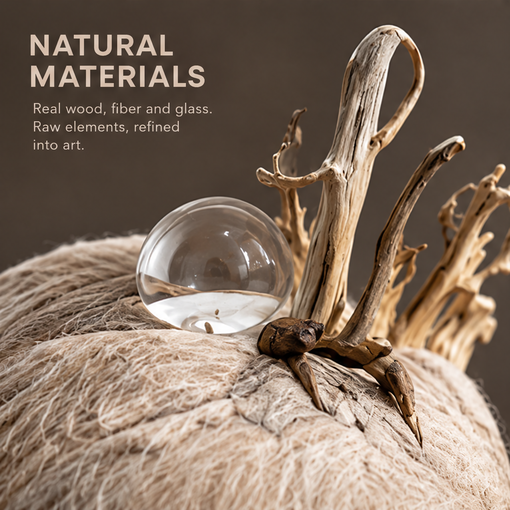 VELMIRN® fantastical elk sculpture — natural materials, real wood fiber and glass, raw elements refined into art, glass orb driftwood antler top close-up