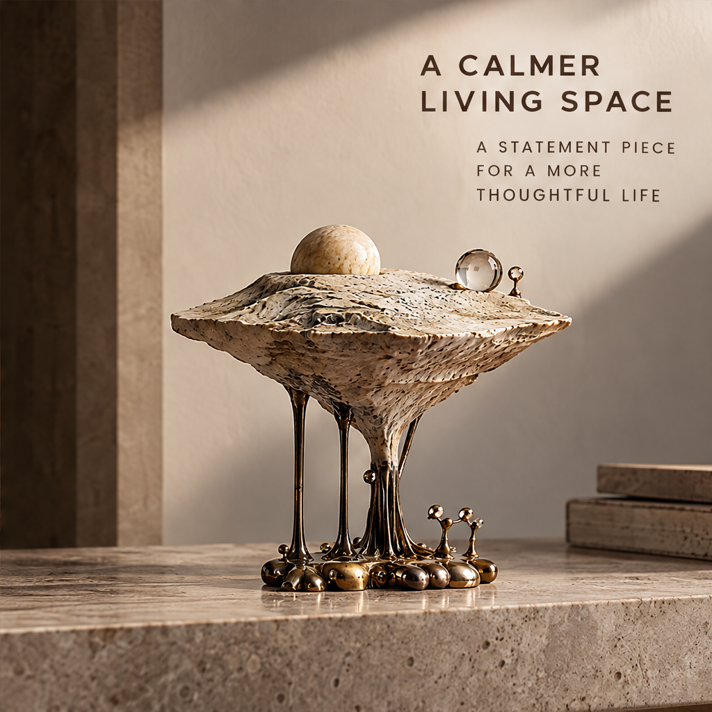 VELMIRN® floating stone sculpture — a calmer living space, styled on marble console