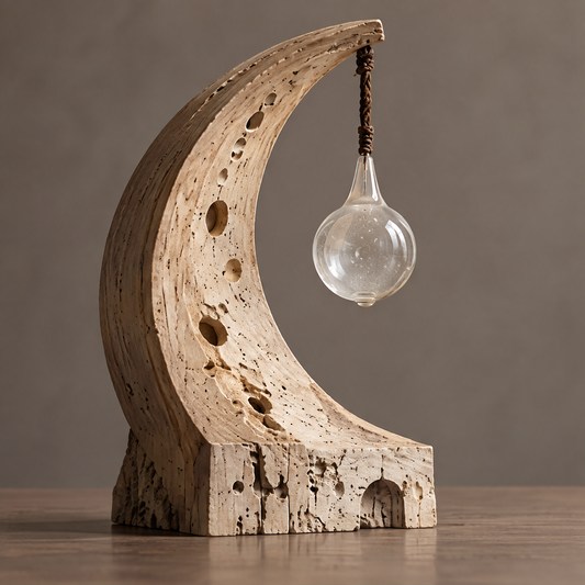 VELMIRN® crescent stone sculpture — full product view, clean neutral background, glass teardrop pendant hanging from tip