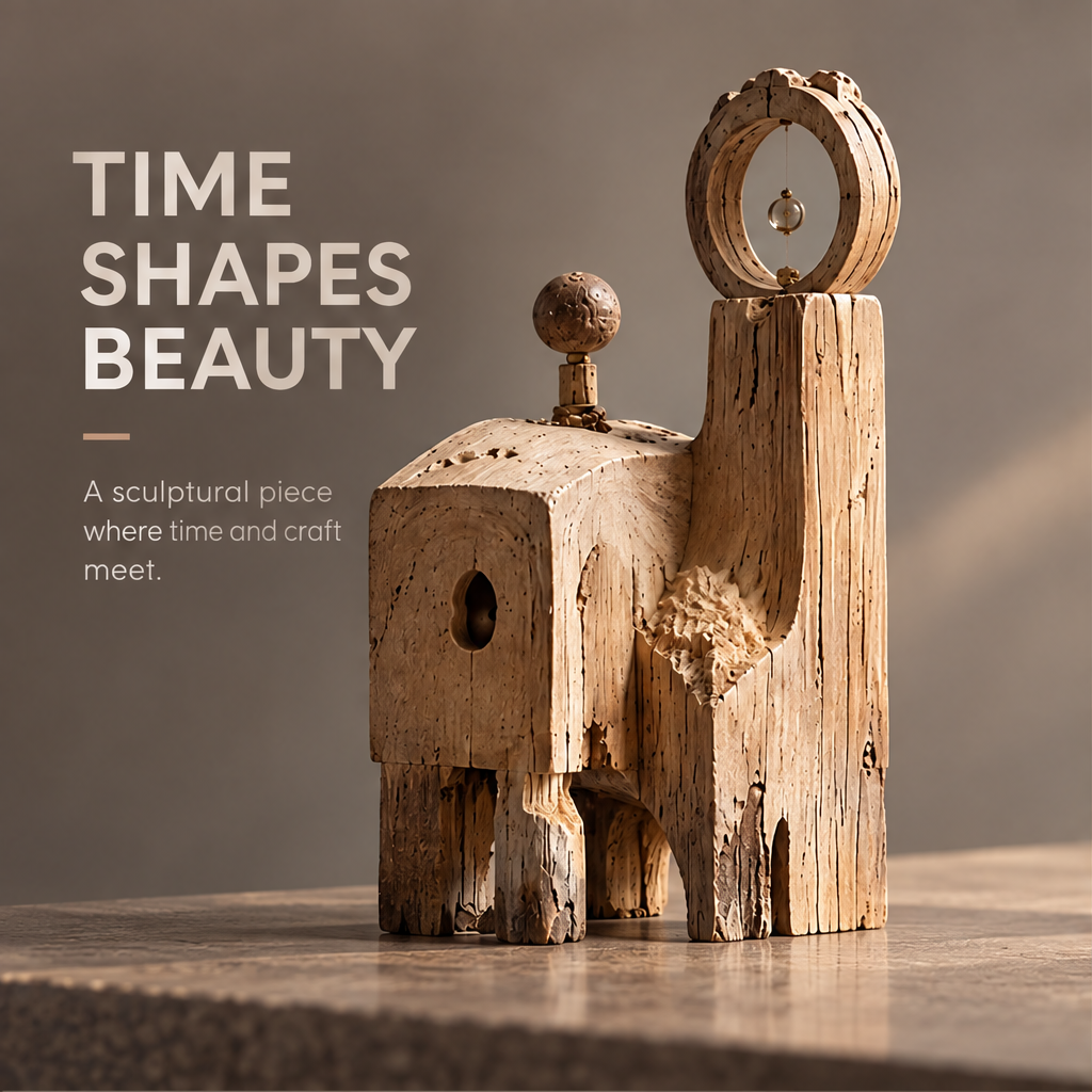 VELMIRN® reclaimed wood sentinel duo sculpture — time shapes beauty, where time and craft meet, styled on marble surface