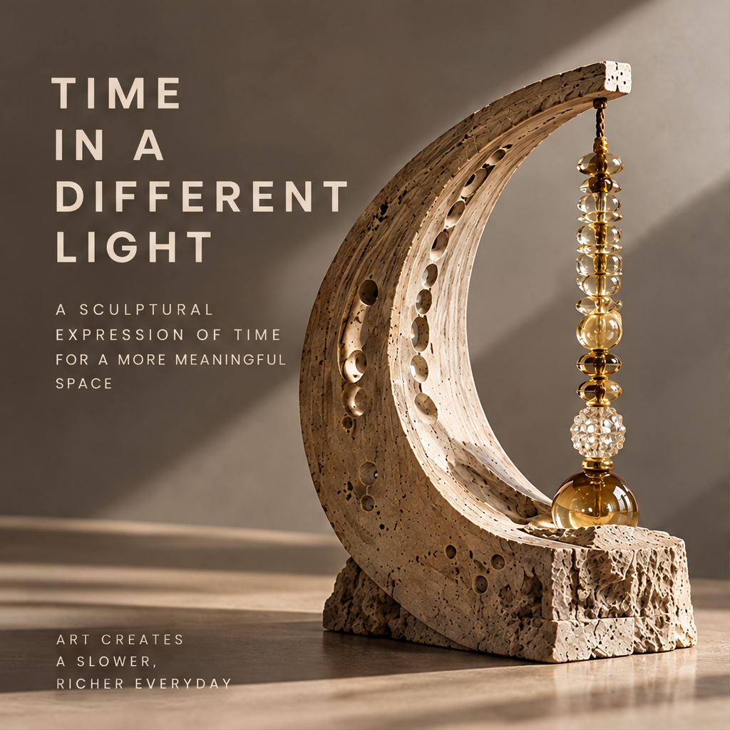 VELMIRN® crescent stone amber crystal sculpture — time in a different light, sculptural expression of time, warm light wooden floor scene