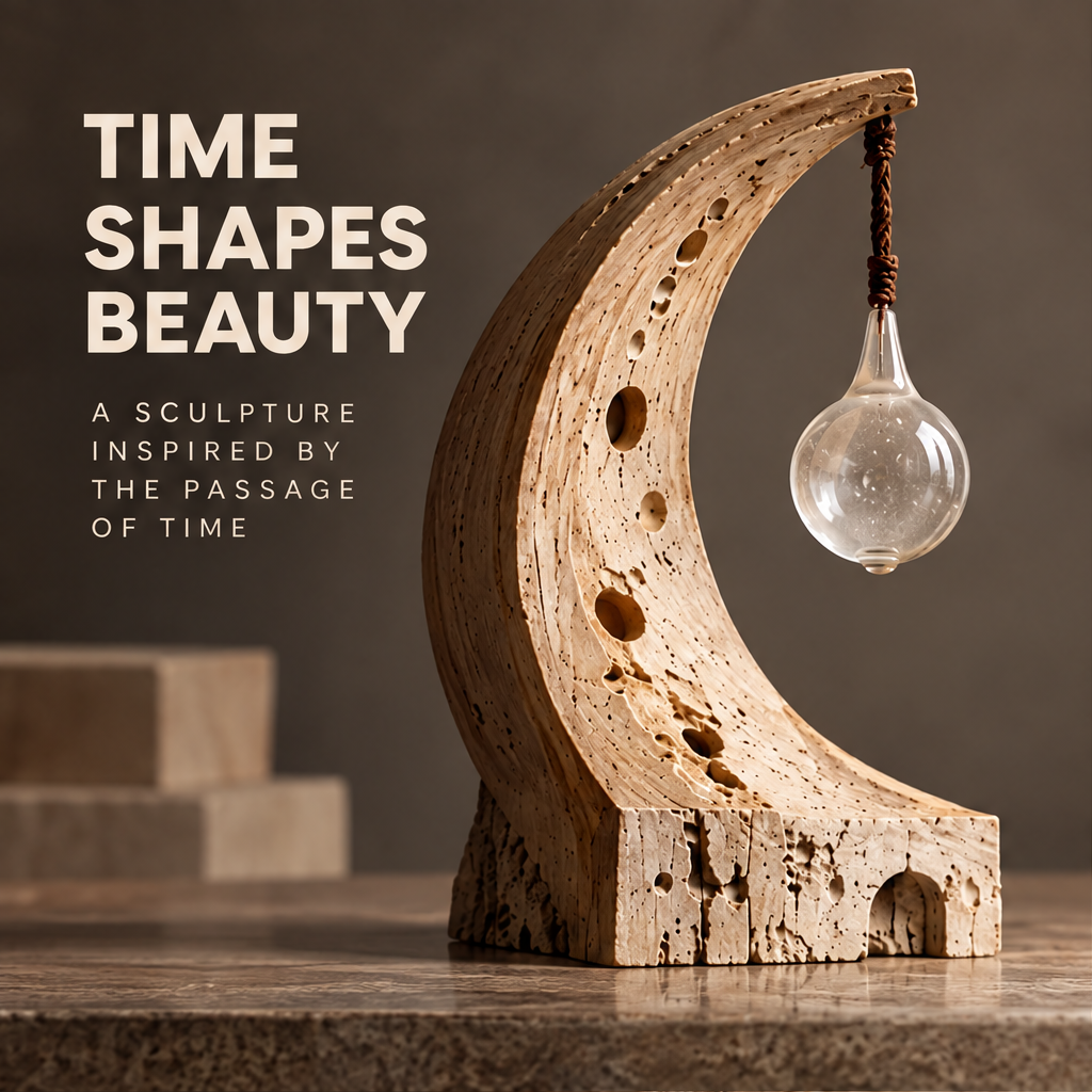 VELMIRN® crescent stone sculpture — time shapes beauty, a sculpture inspired by the passage of time, marble surface scene