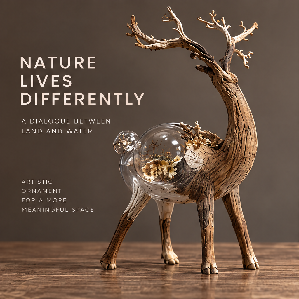 VELMIRN® forest deer sculpture — nature lives differently, dialogue between land and water, warm wooden table scene