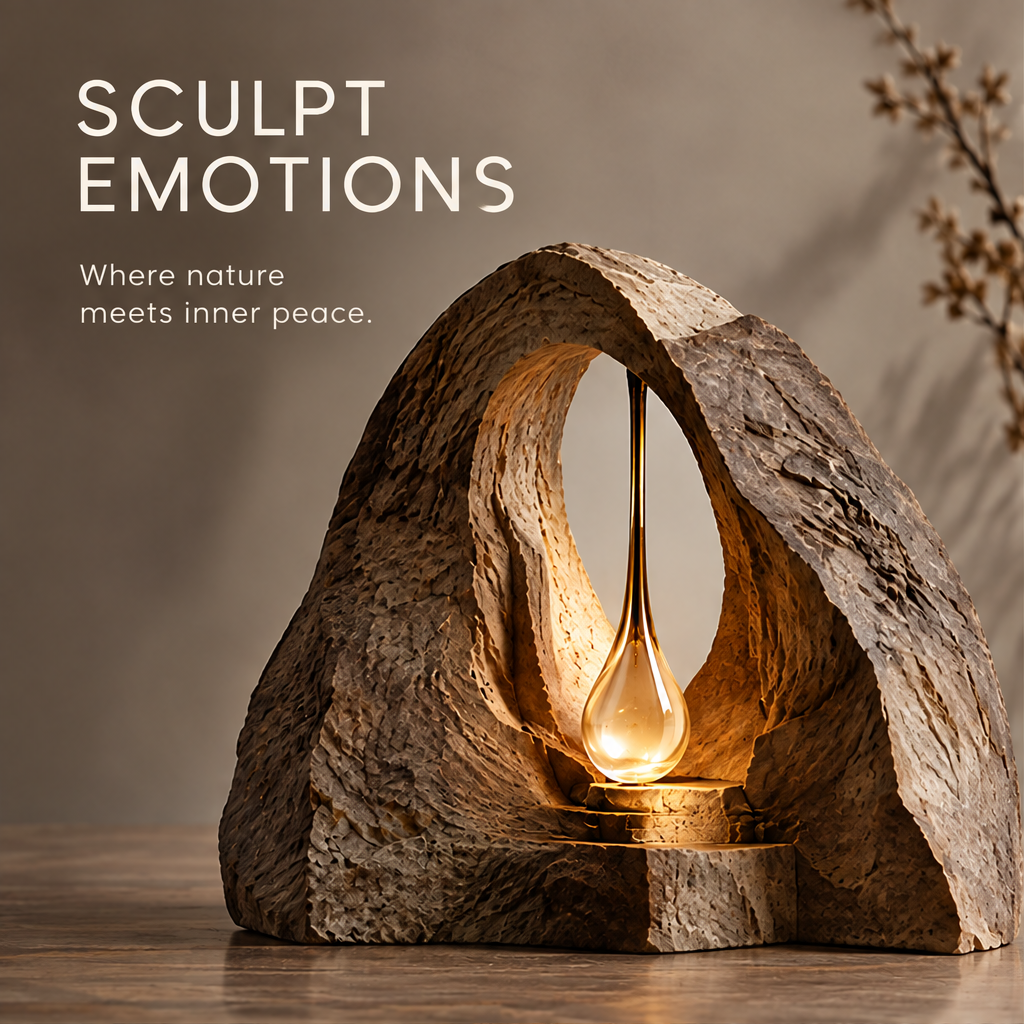 VELMIRN® stone cave glow sculpture — natural form timeless design, inspired by landscapes, styled scene