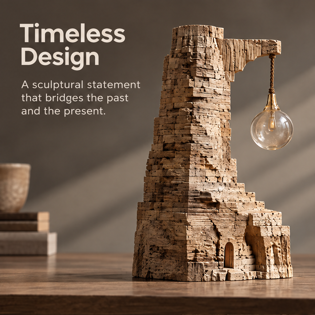 VELMIRN® ancient tower sculpture — timeless design, bridges the past and the present, styled on wooden table