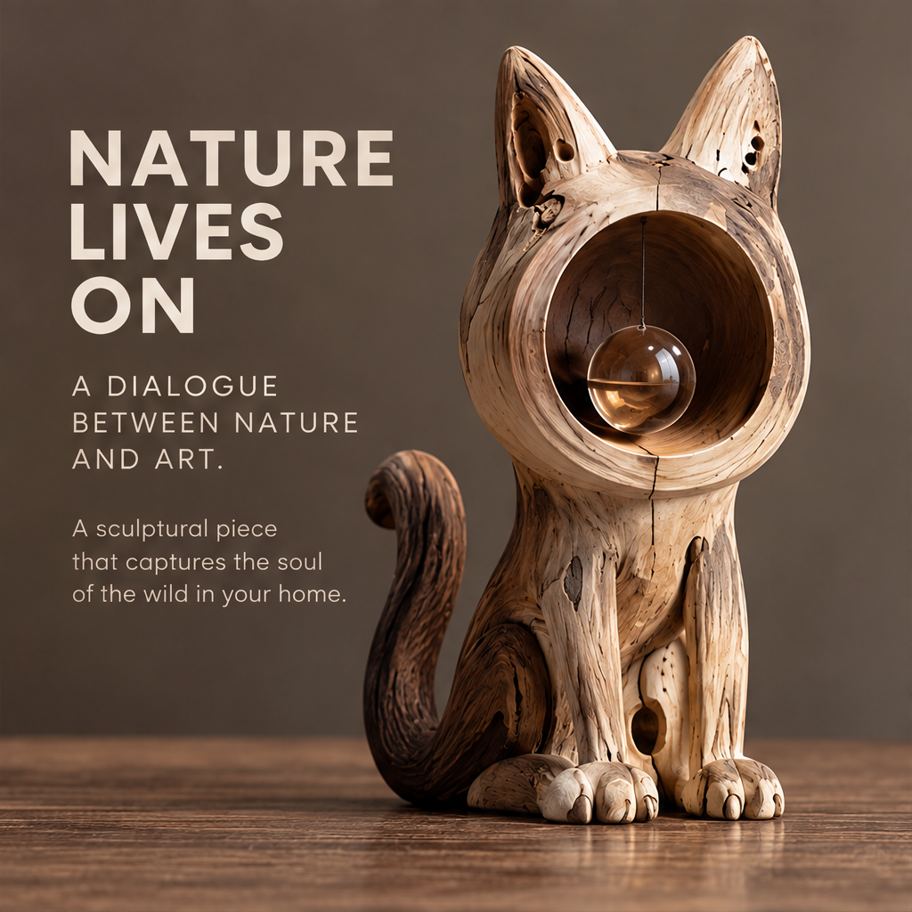 VELMIRN® wood grain cat sculpture — nature lives on, dialogue between nature and art, warm wooden table scene