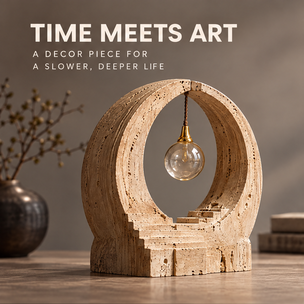 VELMIRN® stone circle stairway sculpture — time meets art, decor piece for a slower deeper life, wooden table interior scene