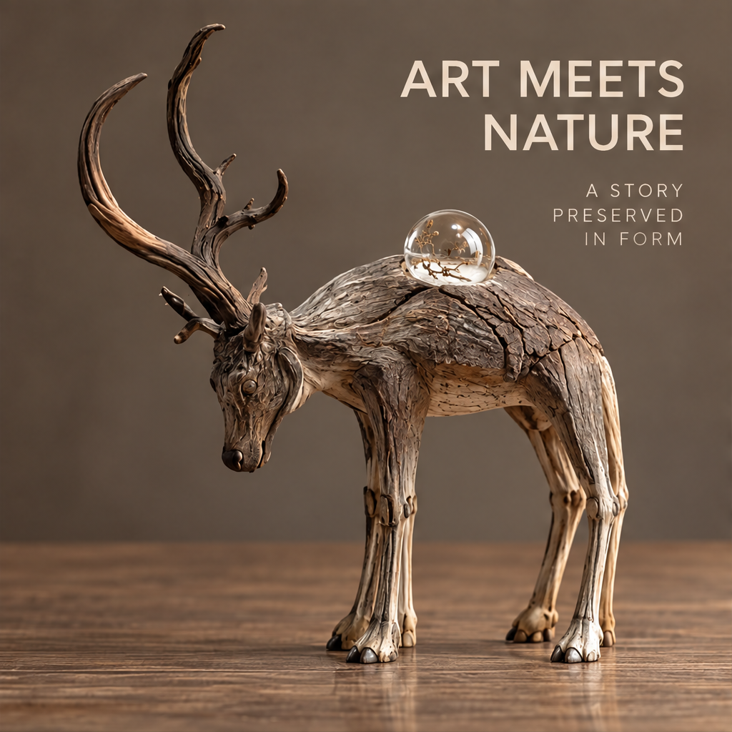 VELMIRN® driftwood elk sculpture — art meets nature, story preserved in form, warm wooden table side scene