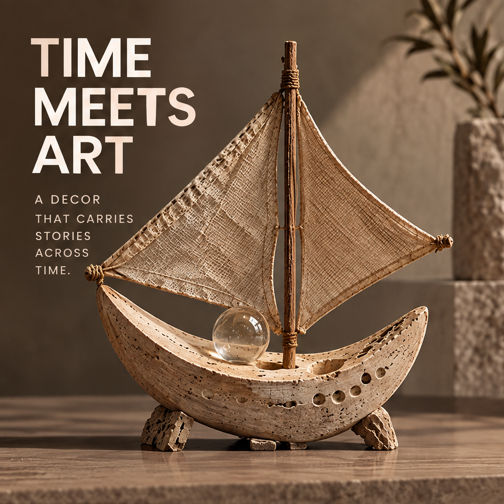 VELMIRN® stone sailboat sculpture — time meets art, decor that carries stories across time, styled in warm interior scene