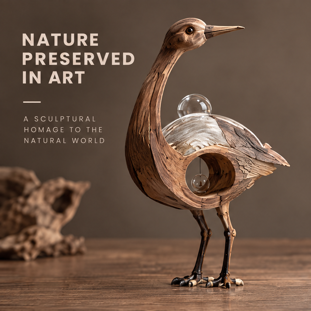 VELMIRN® wood heron sculpture — full product view, clean neutral background, layered wood feathers glass dome suspended orb