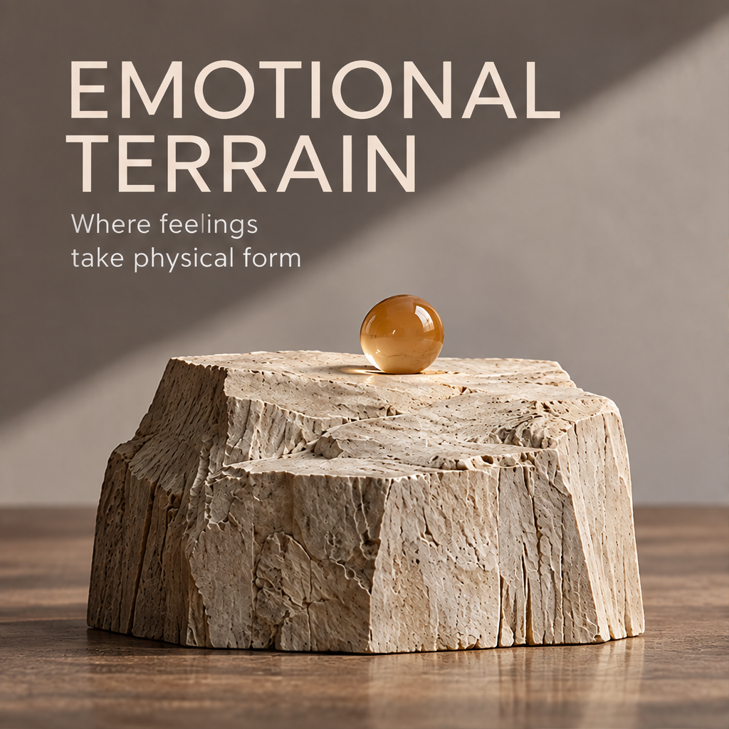 VELMIRN® emotional terrain stone sculpture — where feelings take physical form, warm light and shadow