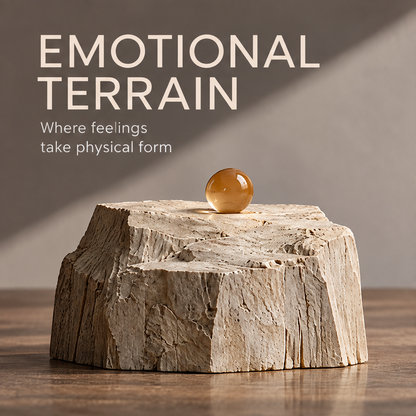 VELMIRN® emotional terrain stone sculpture — where feelings take physical form, warm light and shadow