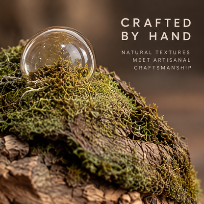 VELMIRN® wood grain tortoise sculpture — crafted by hand, natural textures meet artisanal craftsmanship, moss shell glass orb close-up