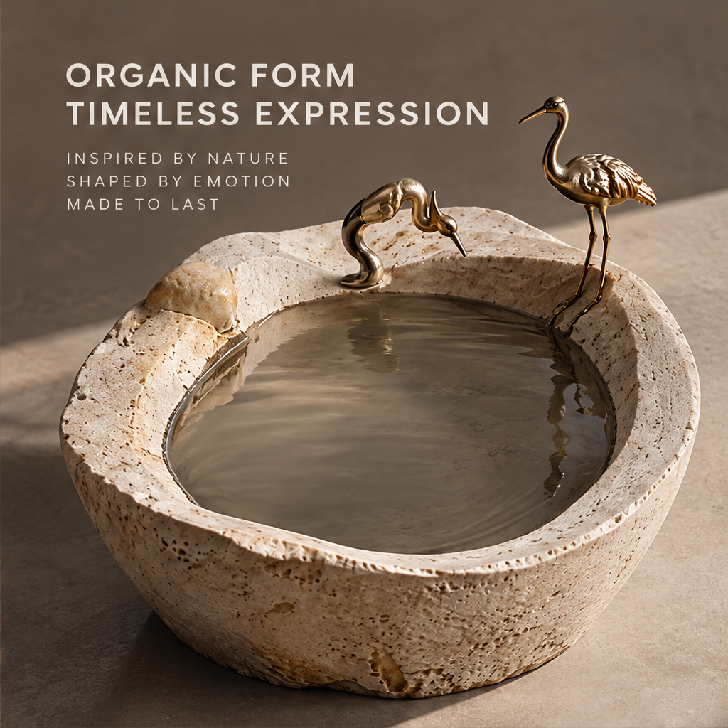 VELMIRN® crane stone sculptural bowl — organic form timeless expression, top angle with golden cranes