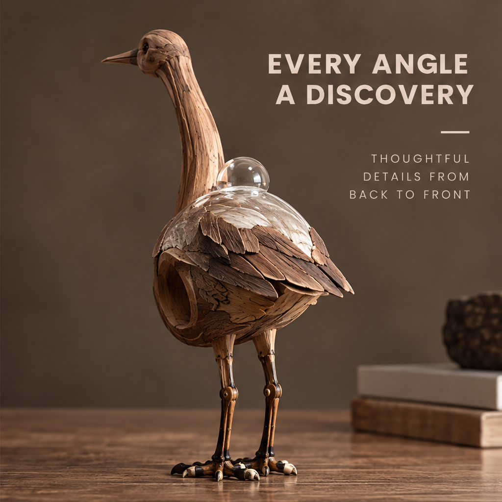 VELMIRN® wood heron sculpture — every angle a discovery, thoughtful details back to front, styled on wooden table scene