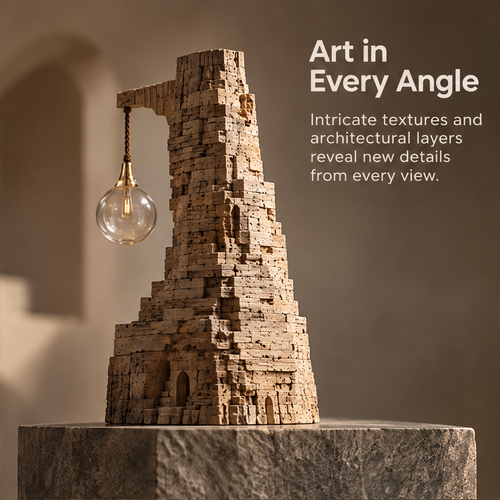 VELMIRN® ancient tower sculpture — art in every angle, intricate textures architectural layers, stone pedestal scene