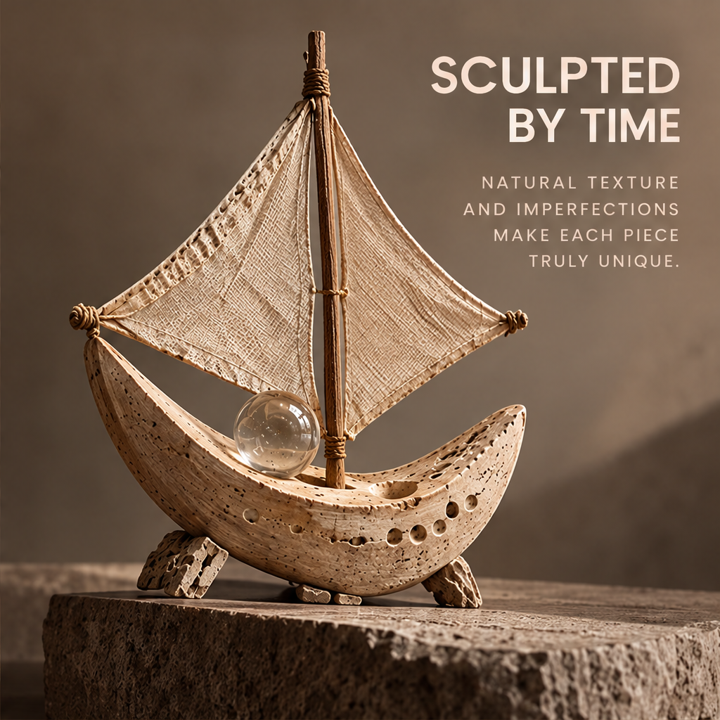 VELMIRN® stone sailboat sculpture — sculpted by time, natural texture imperfections make each piece unique, stone pedestal scene