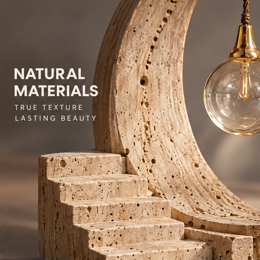 VELMIRN® stone circle stairway sculpture — natural materials true texture lasting beauty, travertine stairway and brass pendant close-up