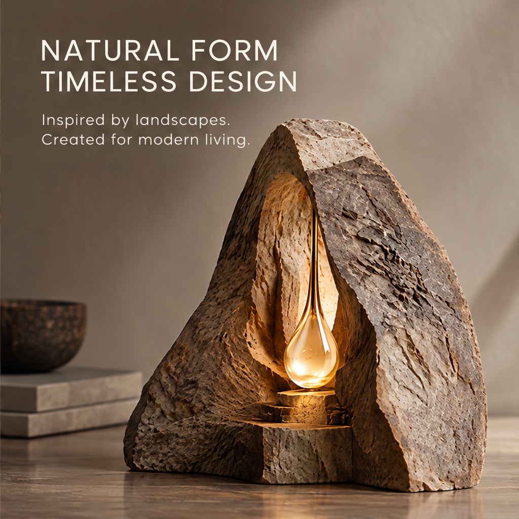 VELMIRN® stone cave glow sculpture — details that feel, raw texture refined craftsmanship, teardrop close-up