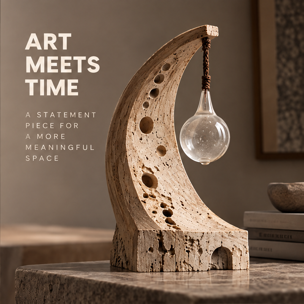 VELMIRN® crescent stone sculpture — art meets time, a statement piece for a more meaningful space, interior styled scene