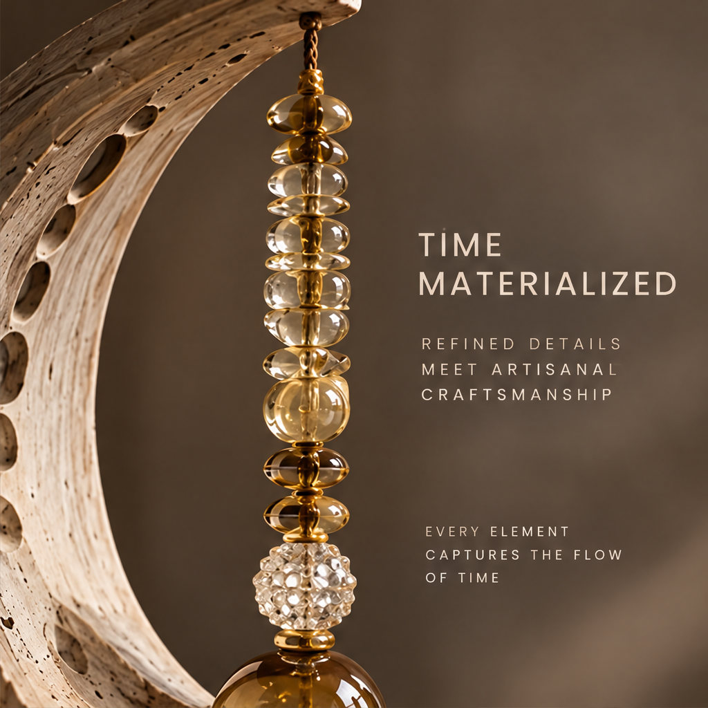 VELMIRN® crescent stone amber crystal sculpture — time materialized, refined details artisanal craftsmanship, amber crystal bead chain close-up