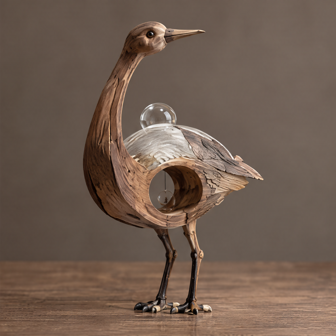VELMIRN® wood heron sculpture — side full view, clean neutral background, circular hollow body with hanging glass orb