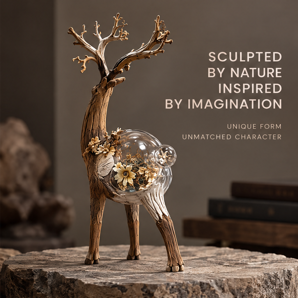 VELMIRN® forest deer sculpture — sculpted by nature inspired by imagination, unique form unmatched character, rough stone pedestal scene