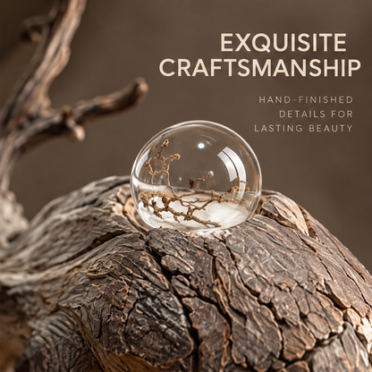 VELMIRN® driftwood elk sculpture — exquisite craftsmanship, hand-finished details for lasting beauty, glass orb with bare branch botanical interior close-up