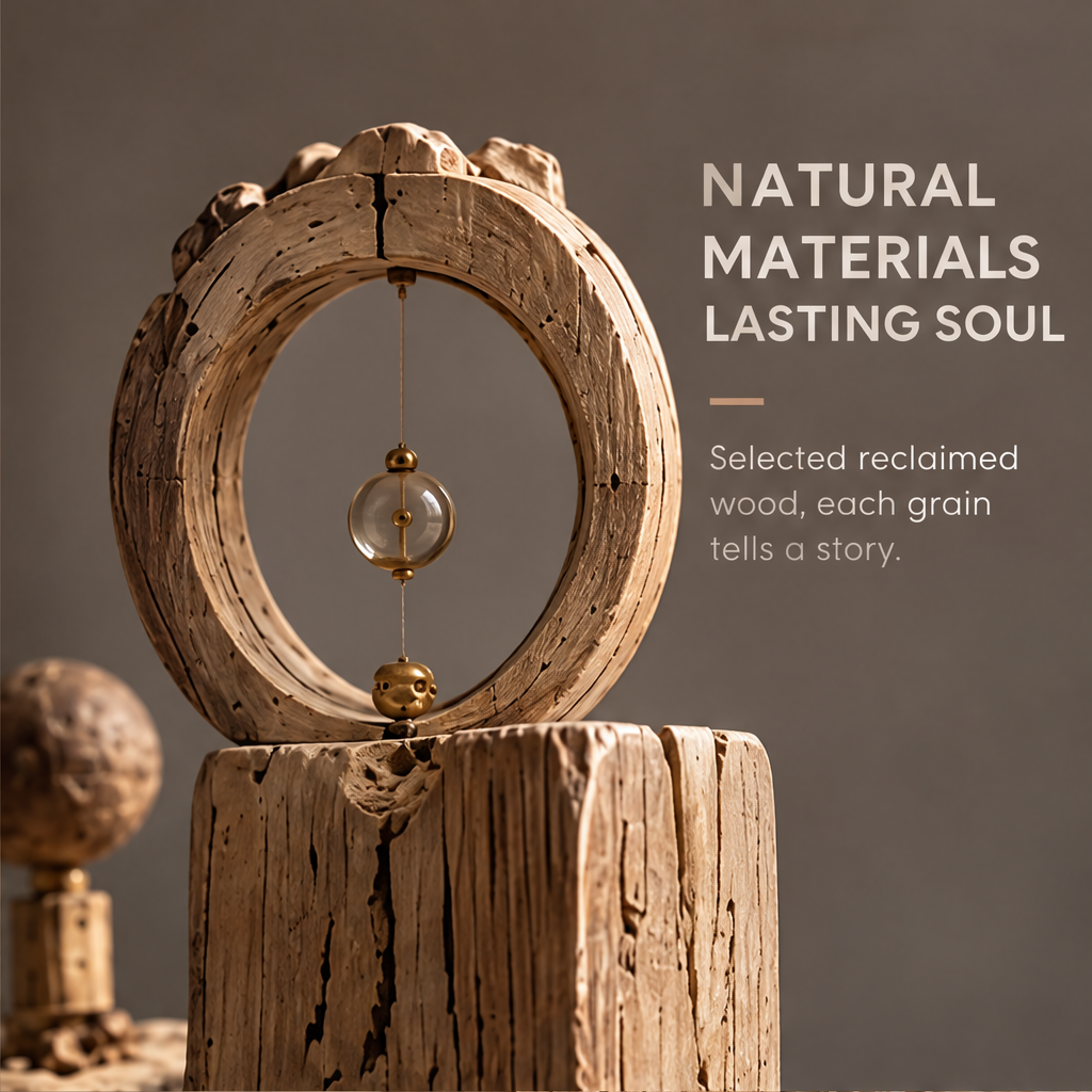 VELMIRN® reclaimed wood sentinel duo sculpture — natural materials lasting soul, selected reclaimed wood each grain tells a story, ring halo close-up