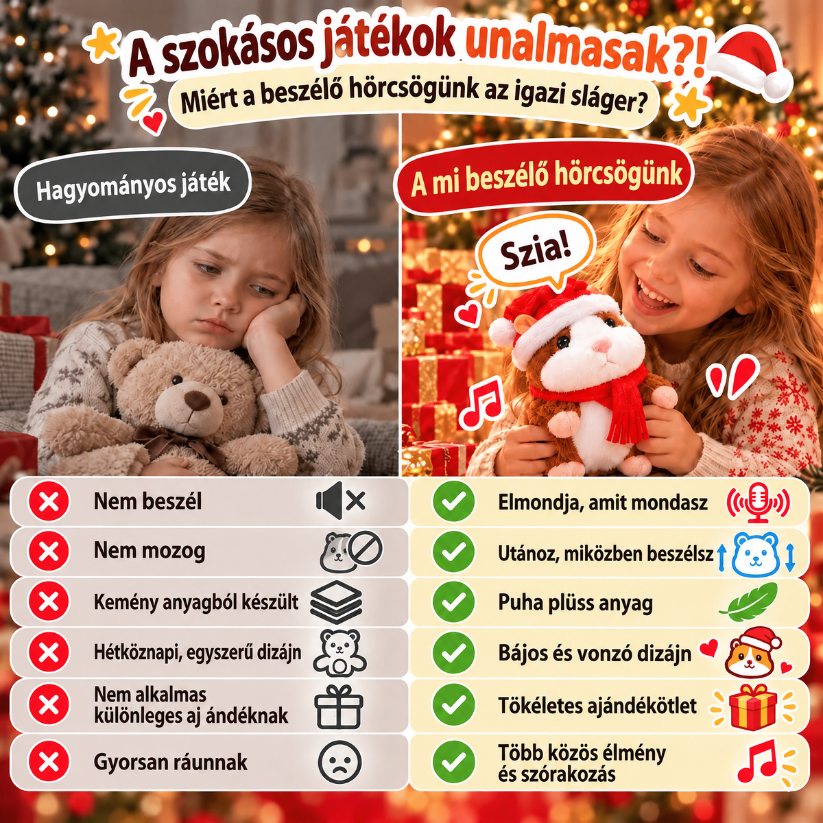🎄 Beszélő Plüsshörcsög 🐹 – Ismétli a Szavaidat és Viccesen Bólogat! Tökéletes Karácsonyi Ajándék 🎁