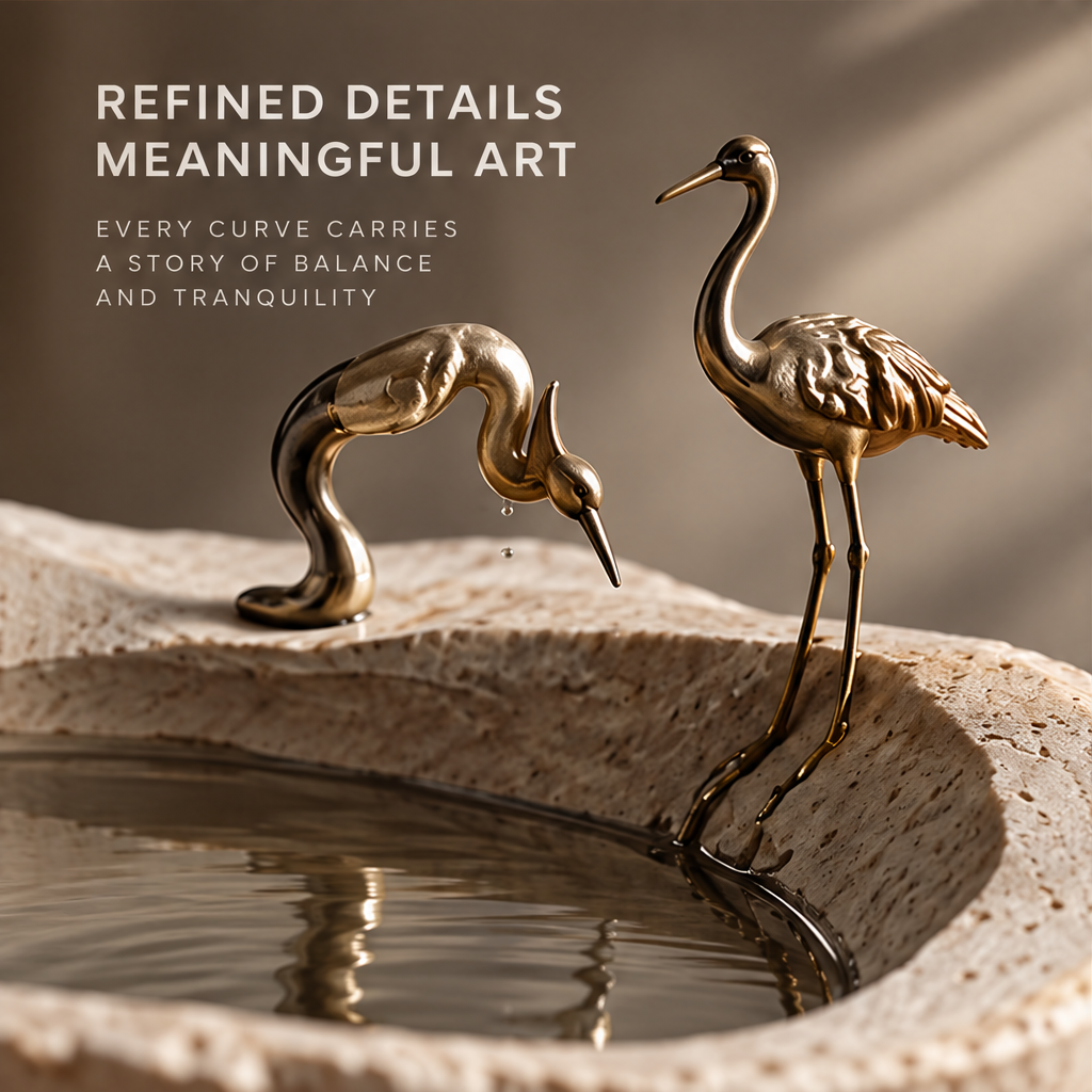 VELMIRN® crane stone bowl — refined details close-up, golden crane figures carrying story of balance