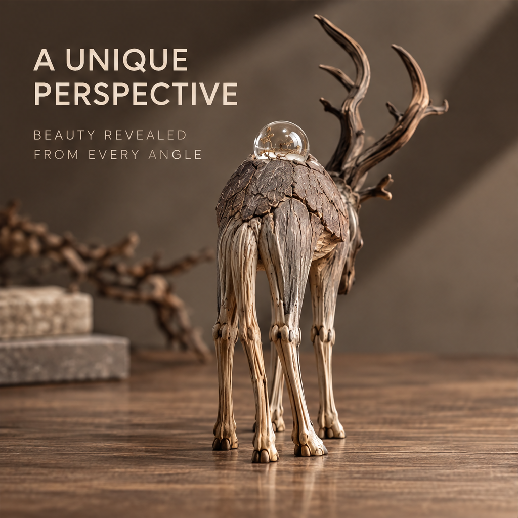 VELMIRN® driftwood elk sculpture — unique perspective, beauty revealed from every angle, rear view with light and shadow scene