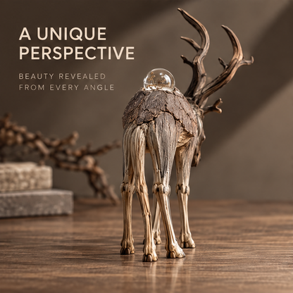 VELMIRN® driftwood elk sculpture — unique perspective, beauty revealed from every angle, rear view with light and shadow scene