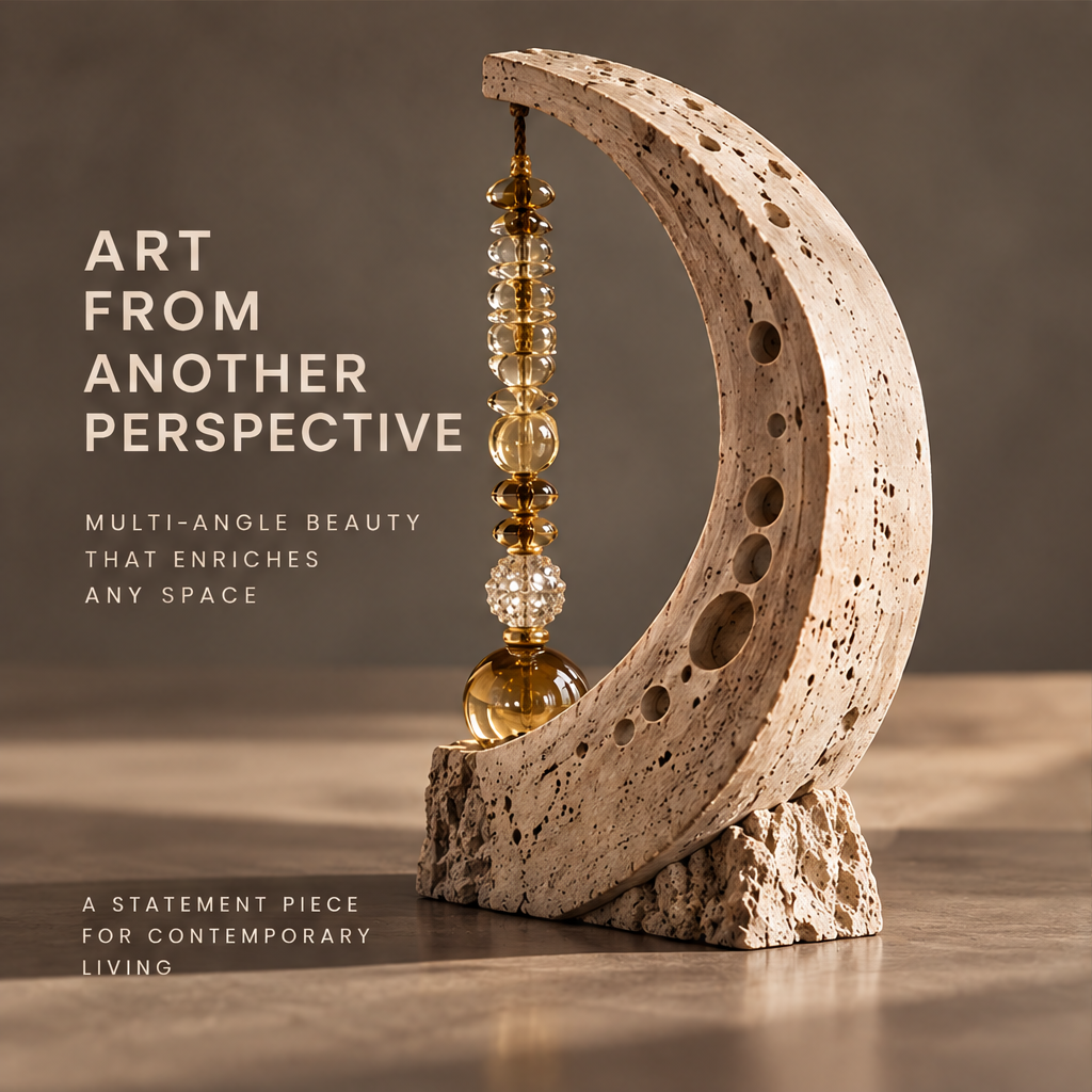 VELMIRN® crescent stone amber crystal sculpture — art from another perspective, multi-angle beauty enriches any space, side view scene