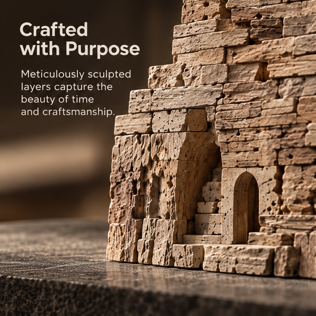 VELMIRN® ancient tower sculpture — crafted with purpose, sculpted layers beauty of time and craftsmanship, arch doorway close-up
