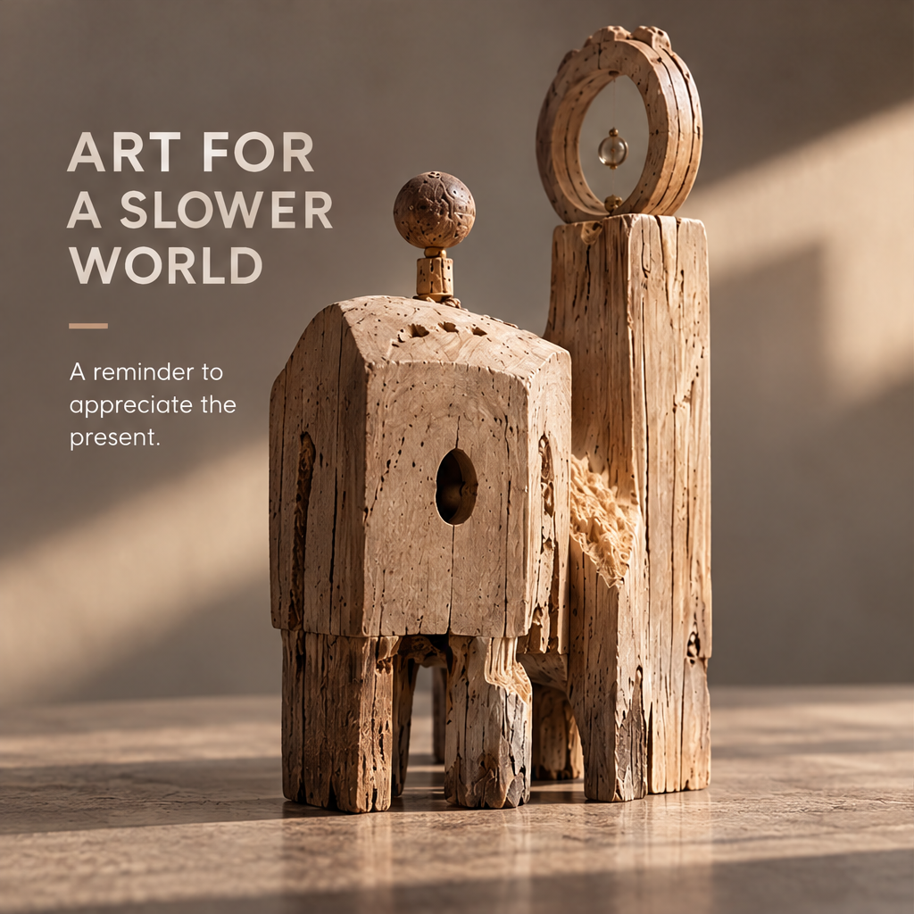 VELMIRN® reclaimed wood sentinel duo sculpture — art for a slower world, reminder to appreciate the present, warm light scene