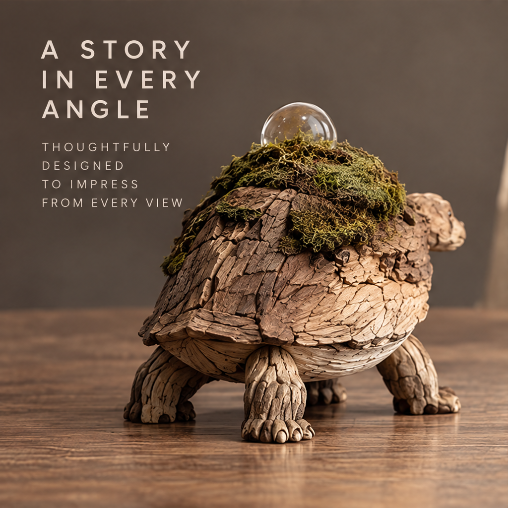 VELMIRN® wood grain tortoise sculpture — a story in every angle, thoughtfully designed to impress from every view, rear wooden table scene
