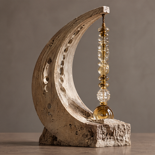 VELMIRN® crescent stone amber crystal sculpture — full product view, clean neutral background, stacked crystal bead chain pendant
