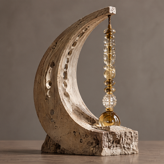 VELMIRN® crescent stone amber crystal sculpture — full product view, clean neutral background, stacked crystal bead chain pendant