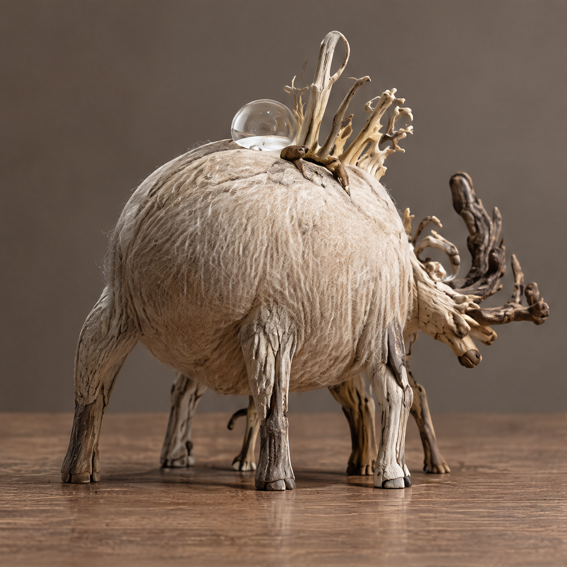 VELMIRN® fantastical elk sculpture — full product view, clean neutral background, natural fibre sphere body driftwood antlers glass orb
