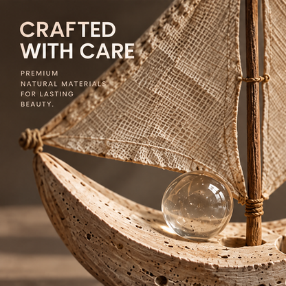 VELMIRN® stone sailboat sculpture — crafted with care, premium natural materials for lasting beauty, linen sail and hull close-up