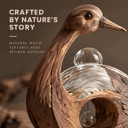 VELMIRN® wood heron sculpture — crafted by nature's story, natural wood textures meet refined artistry, head neck glass dome close-up