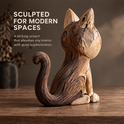 VELMIRN® wood grain cat sculpture — sculpted for modern spaces, striking accent that elevates any interior, rear view curled tail scene