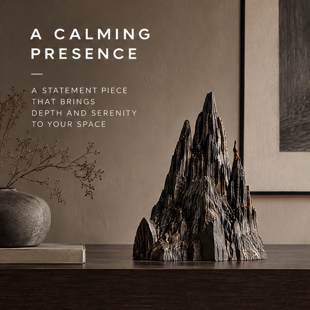 VELMIRN® mountain peak sculpture — calming presence styled on dark console table with ceramic vase