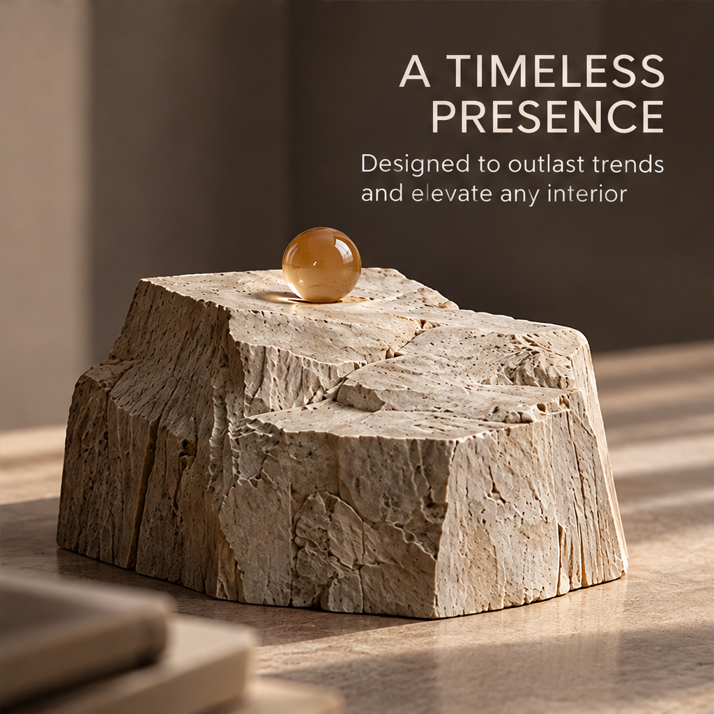 VELMIRN® emotional terrain stone sculpture — a timeless presence, designed to outlast trends, sunlit surface