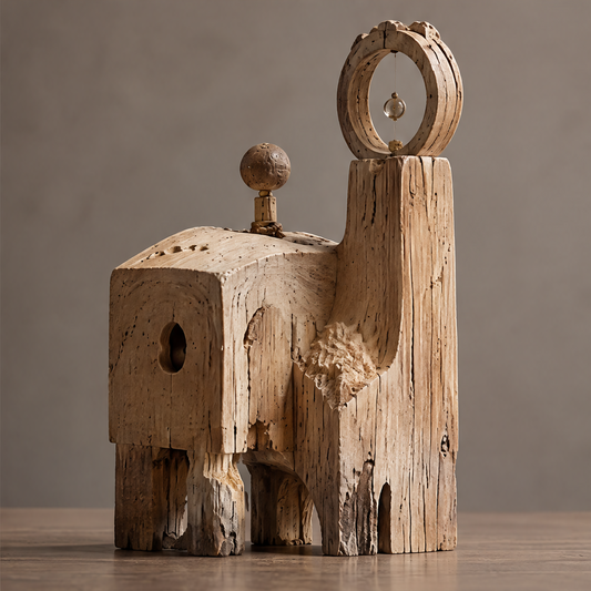 VELMIRN® reclaimed wood sentinel duo sculpture — full product view, clean neutral background, two wood figures with orb and ring halo