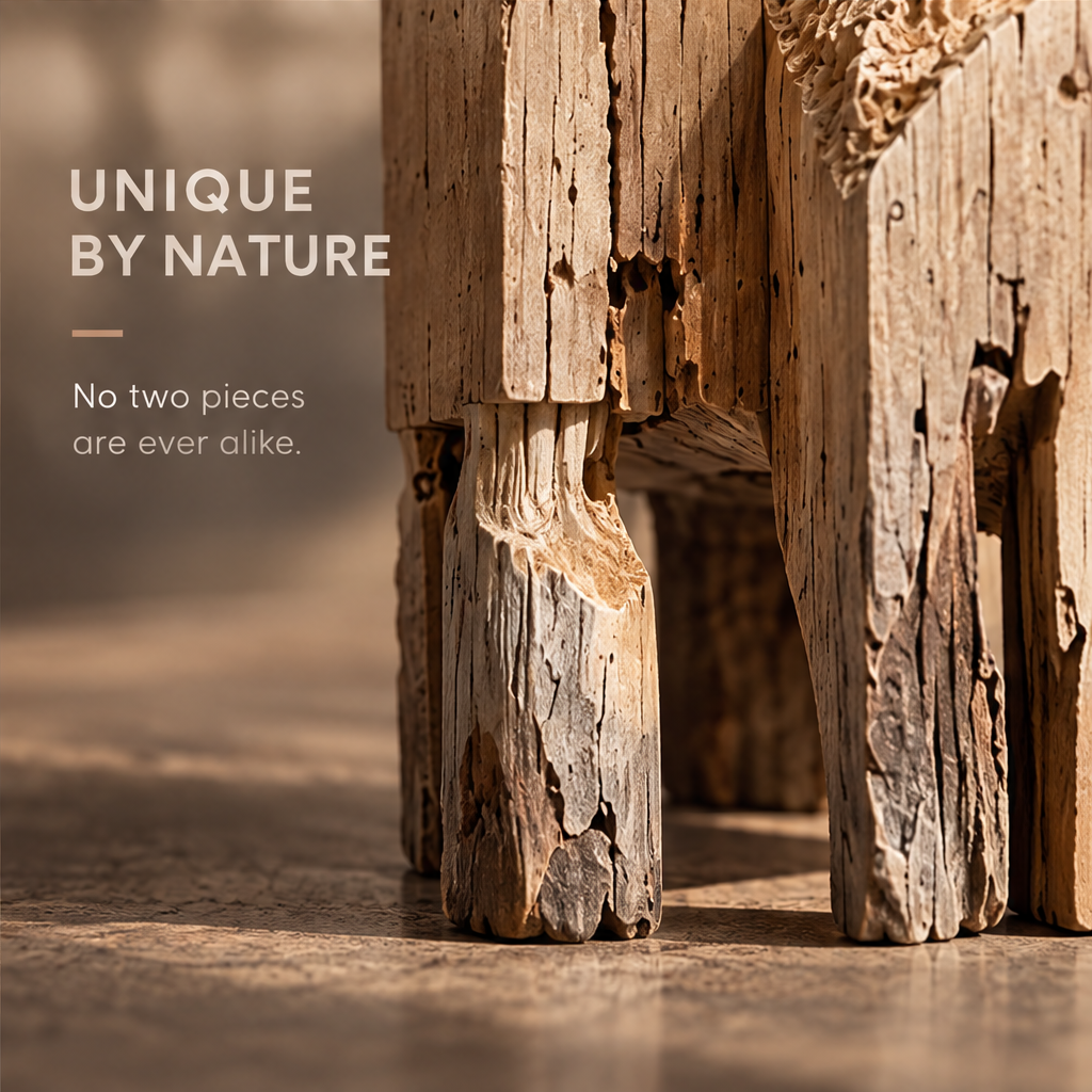 VELMIRN® reclaimed wood sentinel duo sculpture — unique by nature, no two pieces ever alike, aged wood base close-up